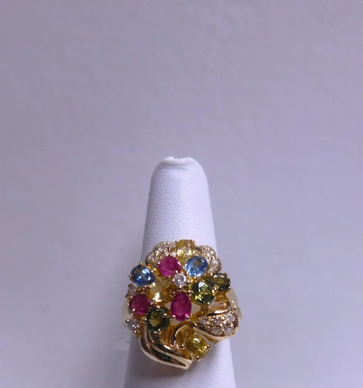 Classic Wedding Rings With Emerald Stones-18K MULTI COLORED SAPPHIRE FLOWER RING