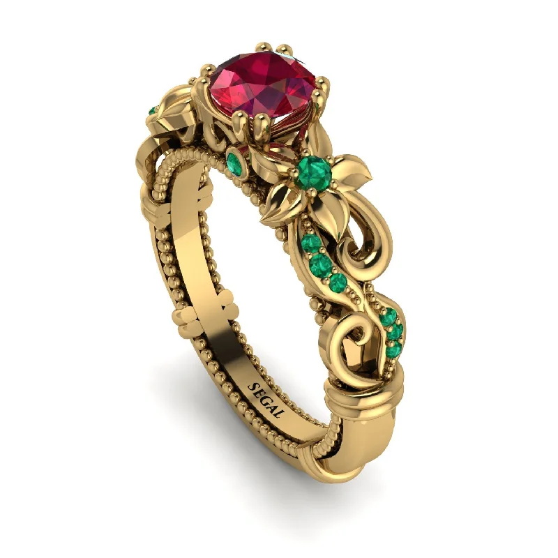 Sparkling Custom Engagement Rings For Grooms-Vintage Flower Openwork Gold Ruby Engagement Ring - Ann No. 25