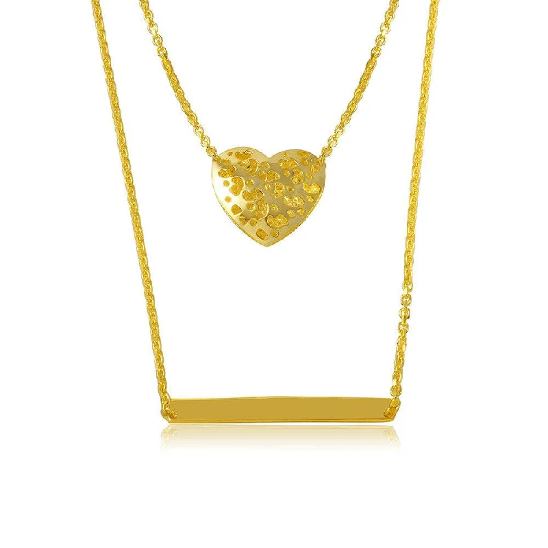 Custom Heart Pendant Necklace For Special Gifts-Silver 925 Gold Plated Double Chain Heart and Bar Necklace - DIN00043GP