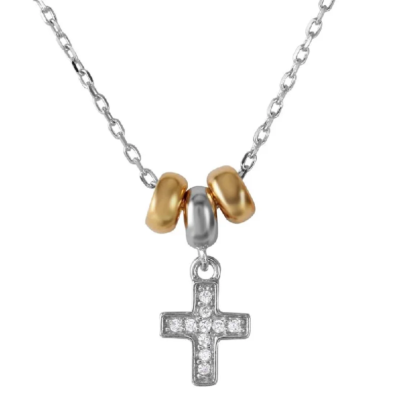 Custom Crystal Necklace For Personalized Gifts-Rhodium Plated 925 Sterling Silver and Gold Plated Dangling CZ Cross with 3 Hoop Necklace - BGP01200