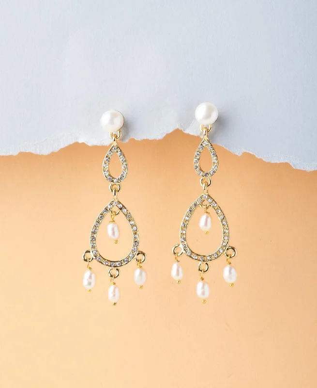 Lightweight Earrings For Comfortable Wear-Delicate Stone Studded Pearl Hanging Earring