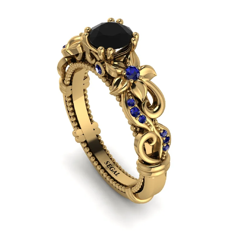 Trendy Wedding Bands With Custom Designs-Vintage Flower Openwork Gold Black Diamond Engagement Ring - Ann No. 67