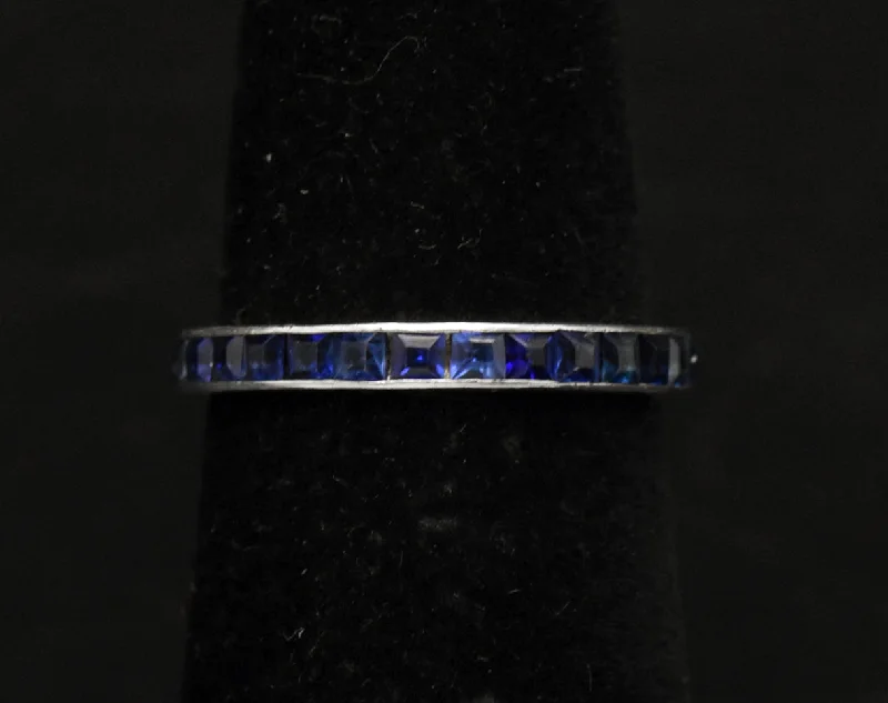 Personalized Couples Rings For Engagement-Vintage Sterling Silver Blue Crystal Eternity Band - Size 5.75