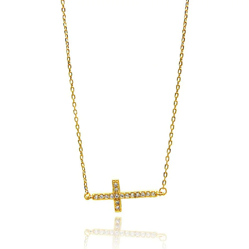 Elegant Beaded Necklace For Casual Wear-Silver 925 Gold Plated Sideways Cross CZ Necklace - BGP00673