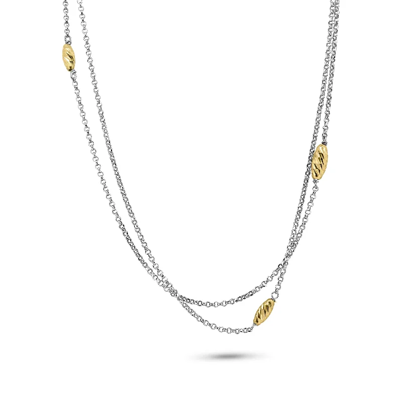 Elegant Heart Pendant Necklace For Fashionistas-Silver 925 Chain Necklace with Gold Plated Twisting Beads - ITN00101RH-GP