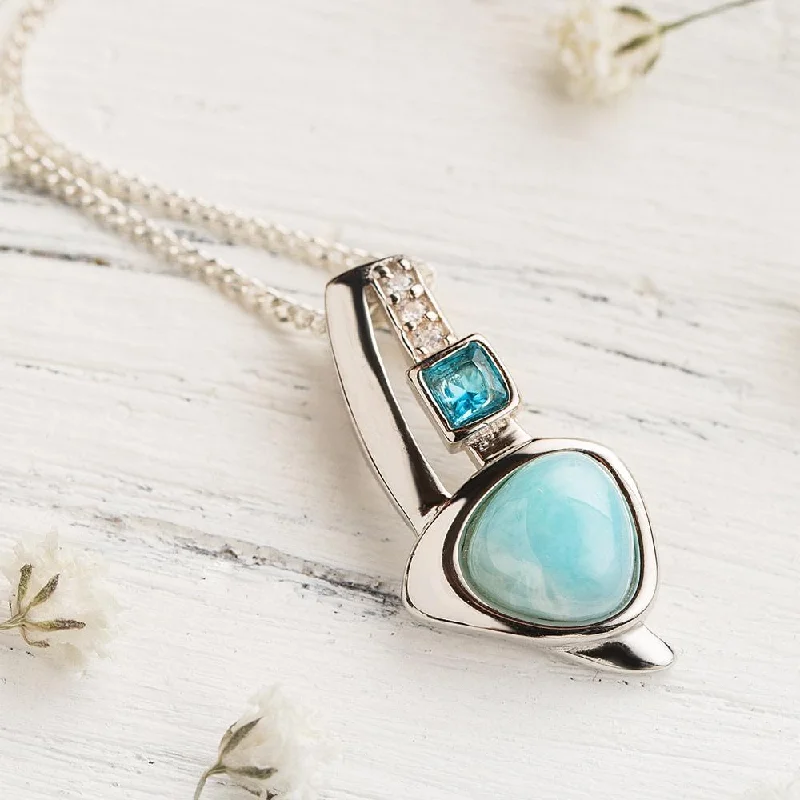 Trendy Silver Pendant Necklace For Day Wear-Larimar Trinity Necklace