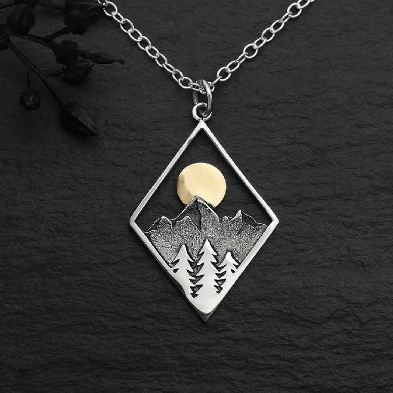 Personalized Infinity Necklace For Couples-Mountain & Trees Necklace with Bronze Sun