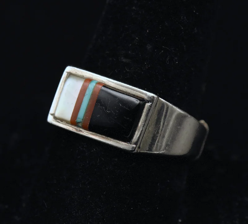 Trendy Gemstone Wedding Rings For Bridesmaids-Vintage Handmade Sterling Silver Inlaid Ring with Adjuster