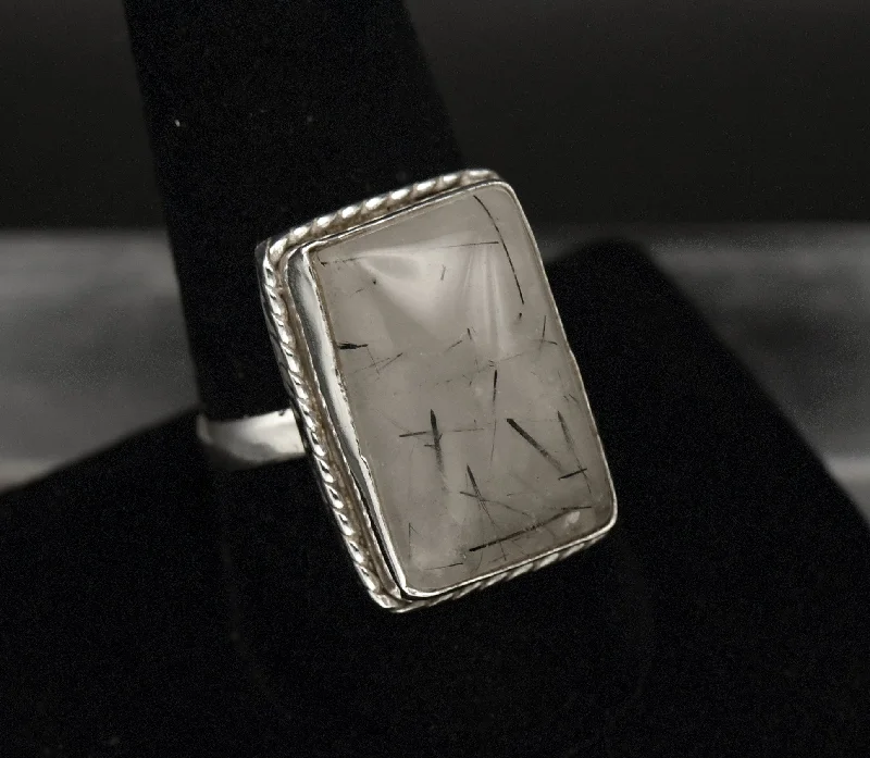 Classic Wedding Rings With Gemstone Details-Vintage Tourmalinated Quartz Sterling Silver Ring - Size 9.5