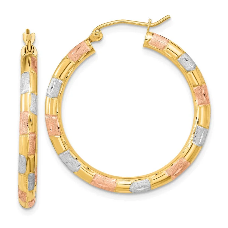 Handcrafted Gold Earrings For Special Gifts-14k w/ White and Rose Rhodium Polished Satin Diamond-cut Hoop Earrings