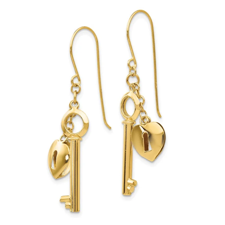 Trendy Hoop Earrings For Fashionable Look-14K Gold Puff Heart Lock and Key Earrings