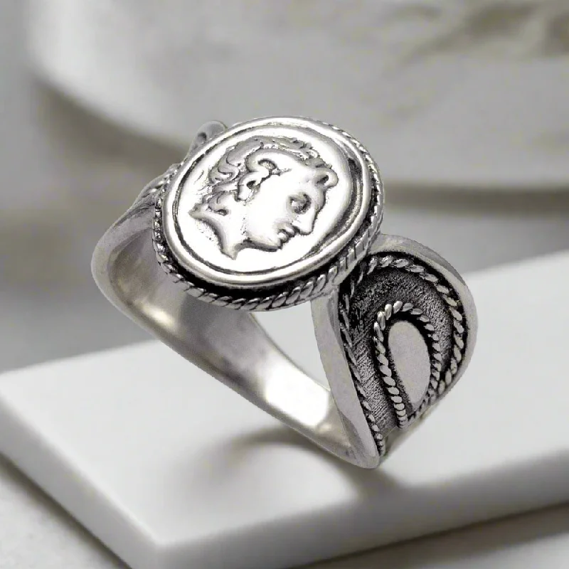 Personalized Wedding Rings For Fashion-Forward Couples-Alexander the Great Portrait Coin Ring in Sterling Silver (DT-106)