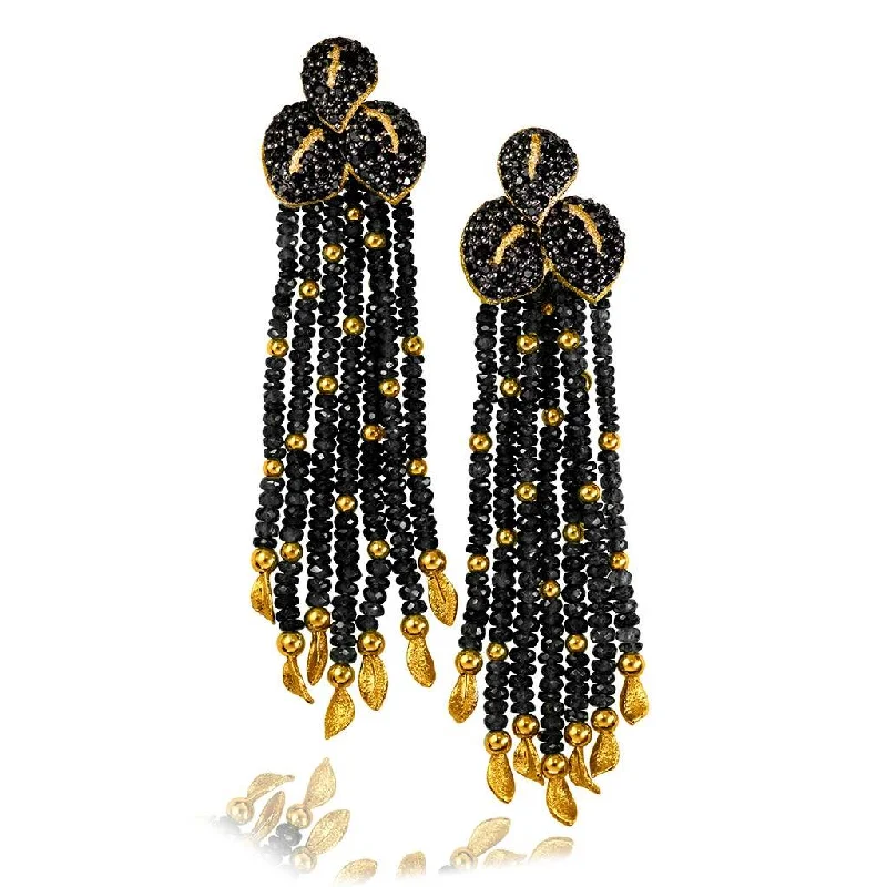 Elegant Earrings For Wedding Guests-Gold Sunflower Leaf Tassel Earrings With Black Spinel