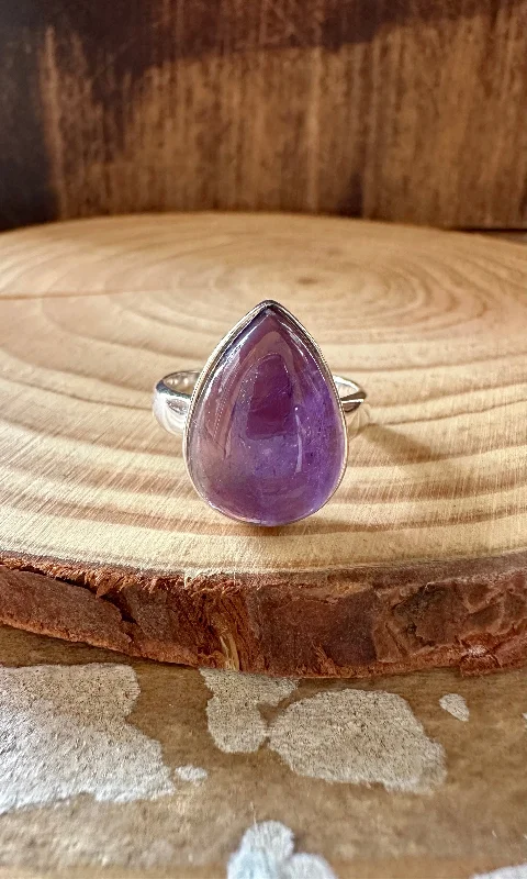 Personalized Promise Rings For Couples-ROUND TEARDROP Amethyst Sterling Silver Ring • Size 8