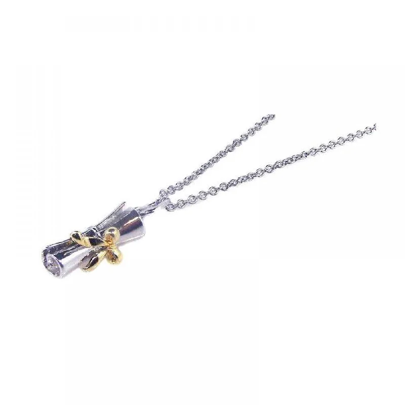 Unique Gold Necklace For Special Gifts-Silver 925 Rhodium and Gold Plated Ribbon Pendant Rolled Up Diploma Necklace - STP00508