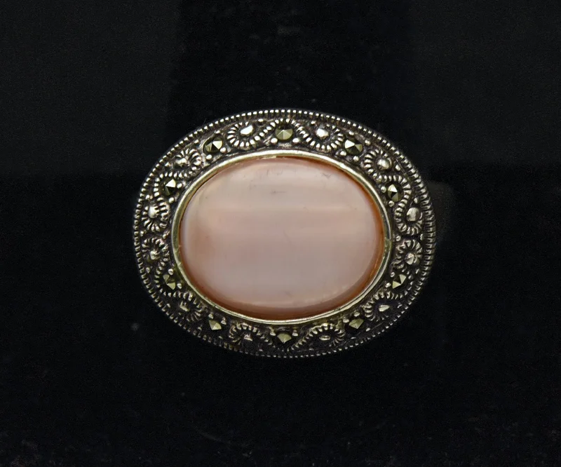 Simple Wedding Rings For Minimalist Brides-Vintage Pink Mother of Pearl Sterling Silver Ring - Size 12