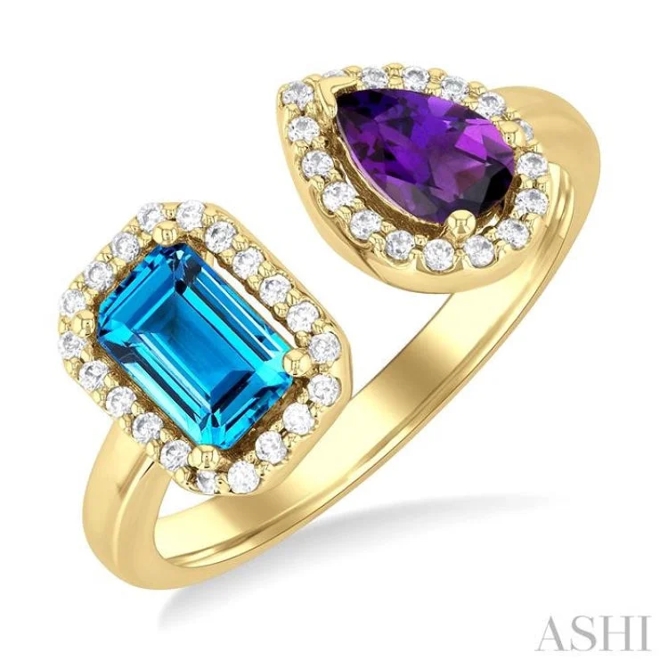 Custom Men’s Wedding Rings For Special Moments-1/5 ctw Open Toi Et Moi 6X4MM Emerald Cut Blue Topaz and Pear Cut Amethyst & Round Cut Diamond Halo Fashion Ring in 14K Yellow Gold