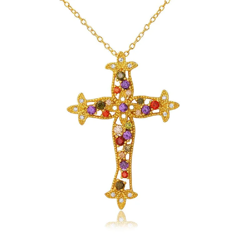 Custom Nameplate Necklace For Family Gifts-Silver 925 Gold Plated Multi Color CZ Cross Necklace - BGP01097