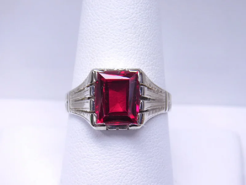 Trendy Wedding Rings For Fashion-Forward Grooms-14K ART DECO SYNTHETIC RUBY RING