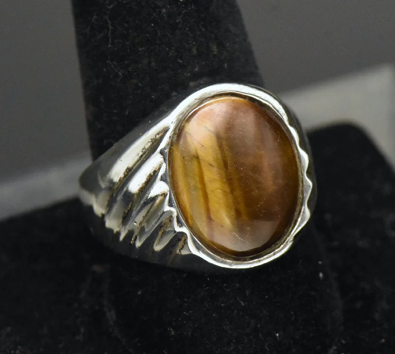 Sparkling Gemstone Wedding Rings For Bridesmaids-Vintage Artisan Sterling Silver Tiger's Eye Signet Ring - Size 10