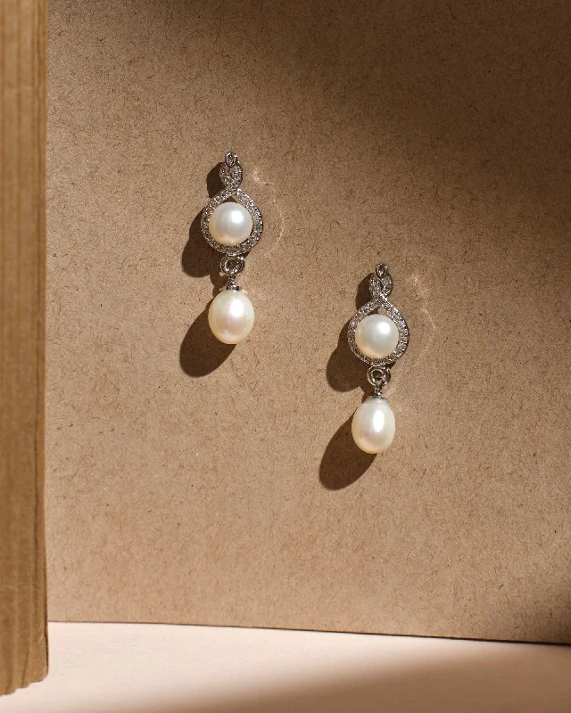 Classic Silver Earrings For Weddings-Milky Halo Pearl Earrings