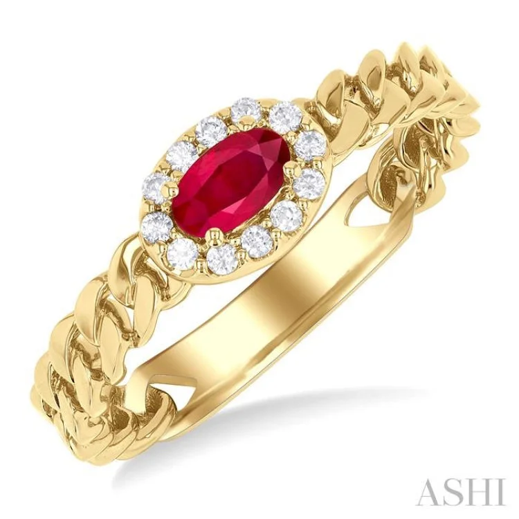 Classic Wedding Rings With Diamond Accents-1/10 ctw Cuban Link East-West 5X3MM Oval Cut Ruby and Round Cut Diamond Halo Precious Ring in 10K Yellow Gold