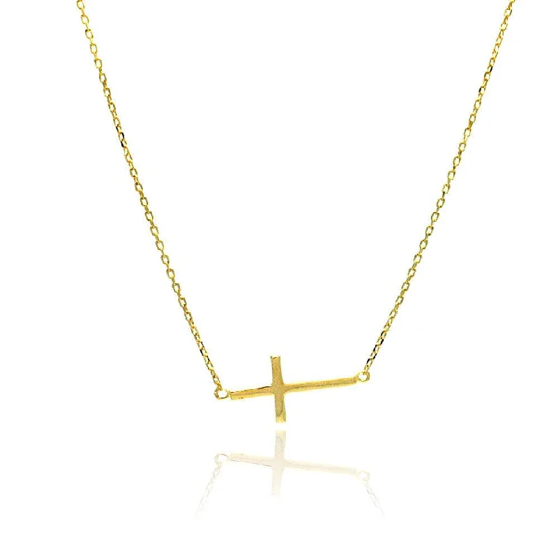 Custom Gemstone Necklace For Bridal Gifts-Silver 925 Gold Plated Sideways Cross Necklace - BGP00493