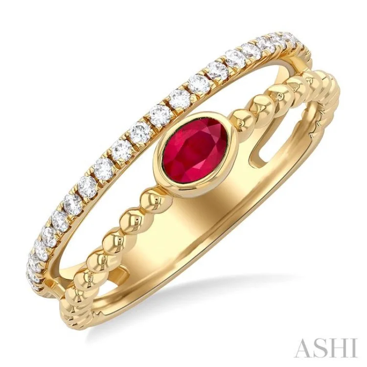 Custom Stacking Rings For Bridesmaids-1/5 ctw round Cut Diamonds and 4X3MM Oval Shape Ruby Precious Fashion Split Twin Ring in 10K Yellow Gold