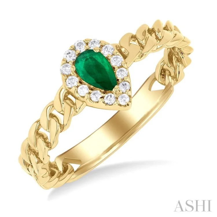 Sparkling Gemstone Rings For Engagement Day-1/10 ctw Cuban Link 5X3MM Pear Cut Emerald and Round Cut Diamond Halo Precious Ring in 10K Yellow Gold