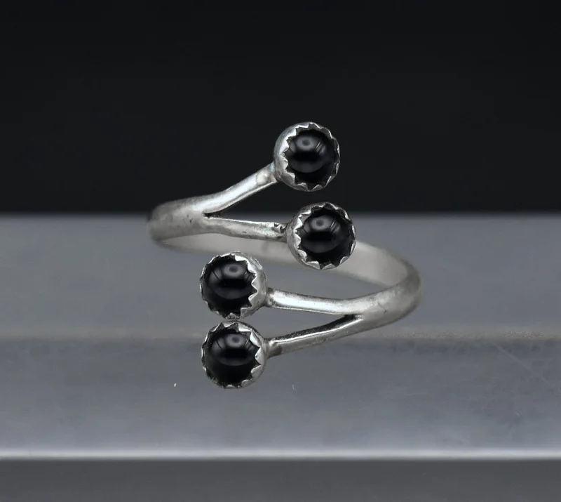 Simple Engagement Rings With Classic Gemstones-Vintage Handmade Black Onyx Sterling Silver Bypass Ring