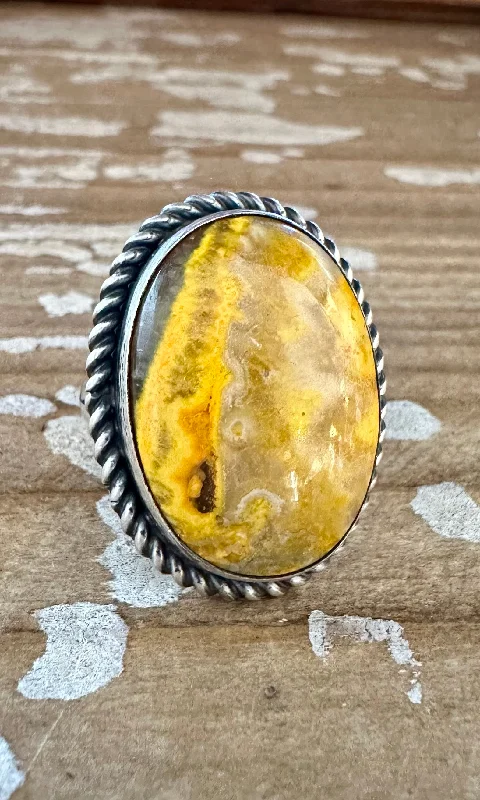 Handmade Engagement Rings For Brides-SCOTT SKEETS Navajo Bumblebee Jasper and Sterling Silver Ring • Size 6