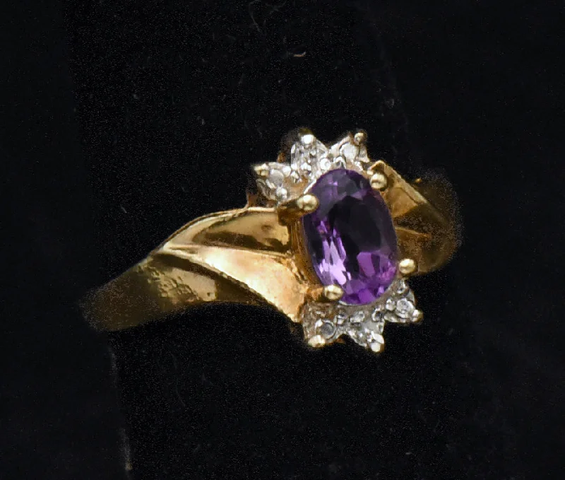 Custom Birthstone Rings For Personal Touch-Vintage 10k Gold Amethyst and Diamonds Ring - Size 3