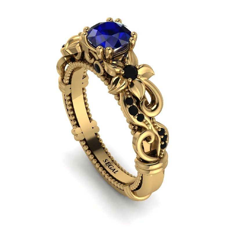 Trendy Gold Rings For Custom Wedding Bands-Vintage Flower Openwork Gold Sapphire Engagement Ring - Ann No. 43