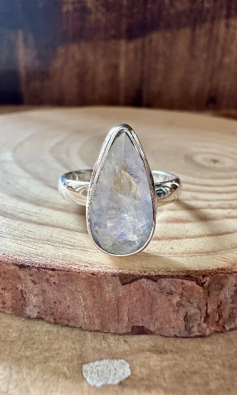 Trendy Wedding Bands For Elegant Brides-DAGGER TEARDROP MOONSTONE Sterling Silver Ring • Size 9