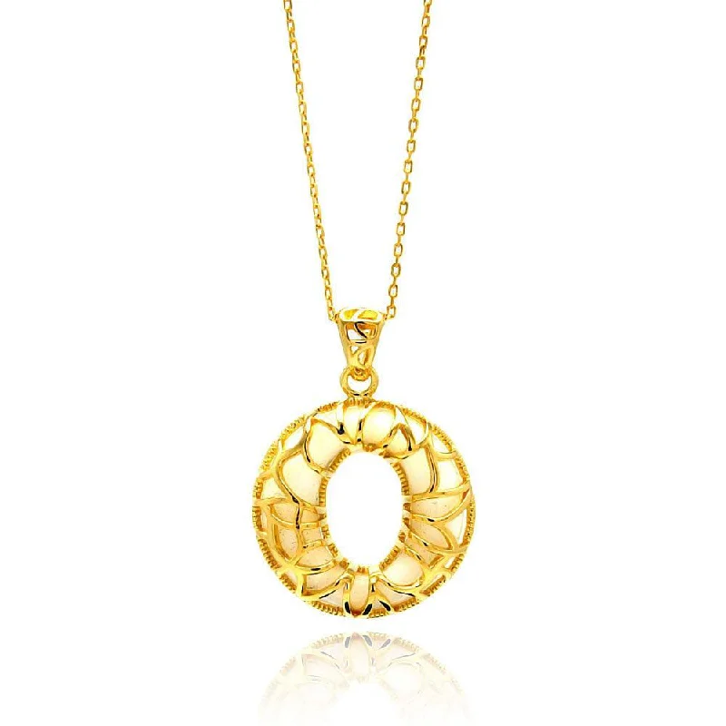 Elegant Chain Necklace For Formal Events-Silver 925 Gold Plated Open O Filigree CZ Center White Onyx Necklace - BGP00559