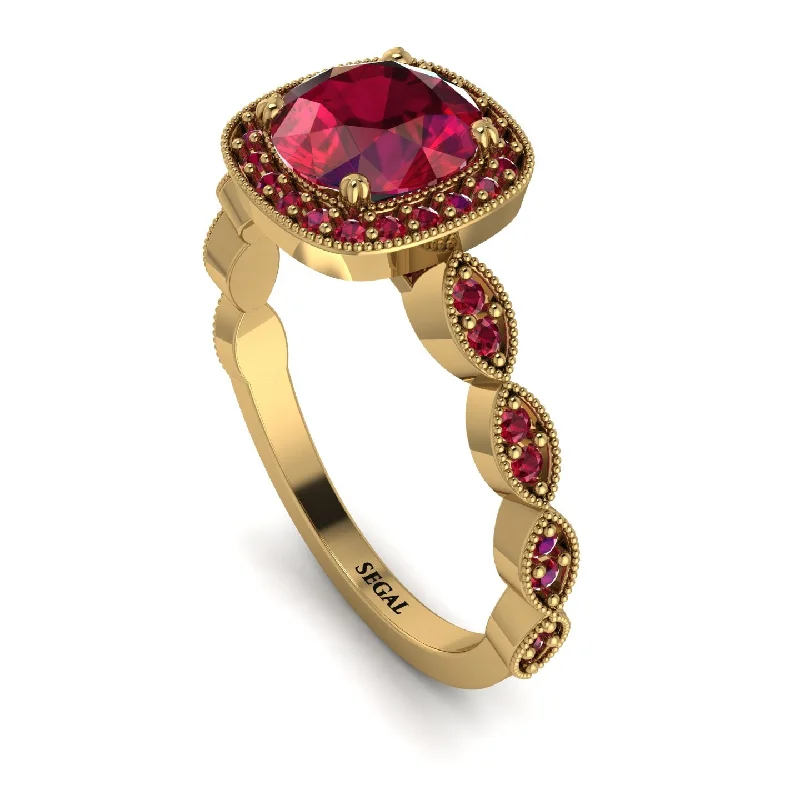 Luxury Wedding Rings With Colored Diamonds-Vintage Inspired Ruby Halo Ring - Frances No. 55