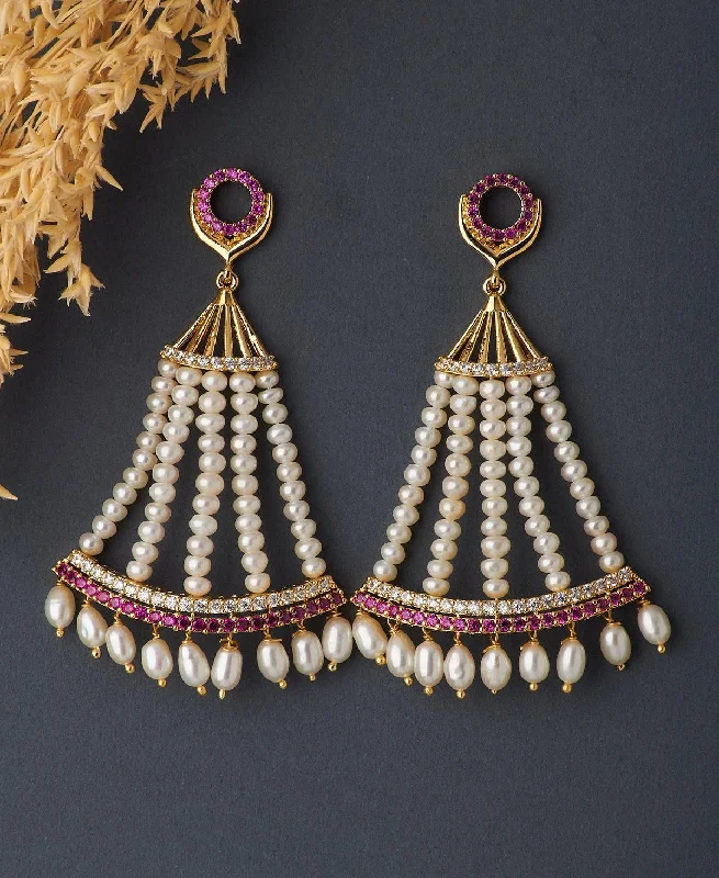 Large Gold Drop Earrings For Evening Wear-Gorgeous Stone Studded Pearl Earring