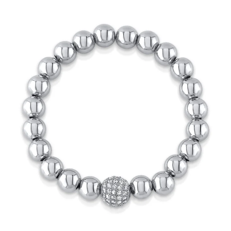 Silver And Gemstone Bracelets For Women-10MM CZ BALL STRETCH BRACELET, SILVER