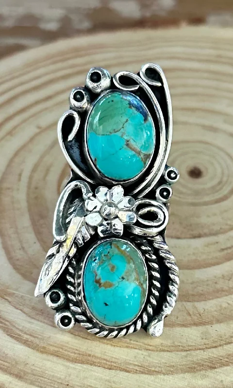 Elegant Rose Gold Rings For Wedding Day-LITTLE C.R. Navajo, Dine'h Native Arts Turquoise Sterling Silver, Large Ring • Size 9 1/2