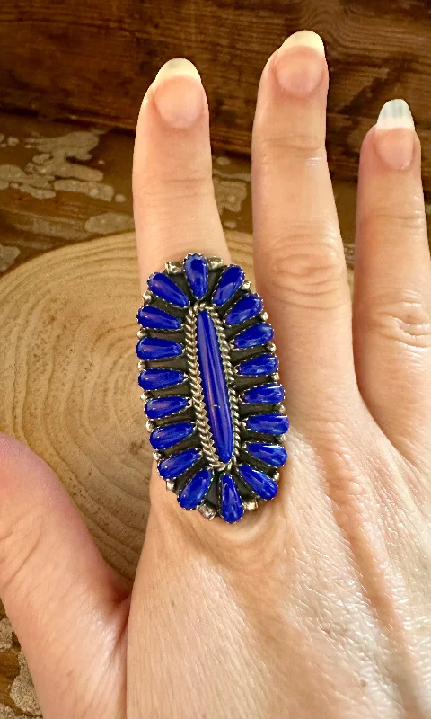 Elegant Sapphire Rings For Wedding Day-DEEP SEA BLUE Navajo Silver & Blue Lapis Ring • Size 5 1/4 & 6 1/2