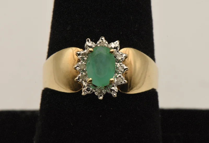 Luxury Sapphire Rings For Wedding Bands-Vintage 10k Gold Emerald and Diamonds Halo Ring - Size 8.75