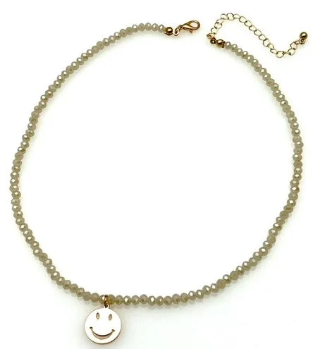 Classic Crystal Necklace For Special Occasions-Beaded Necklace with Happy Face Pendant and Earrings - Beige