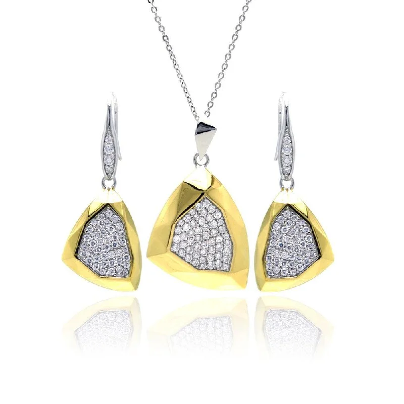 Classic Beaded Necklace For Bridesmaids Gifts-Silver 925 Rhodium and Gold Plated Hammered Triangle Clear Pave Set CZ Leverback Earring and Necklace Set - BGS00128