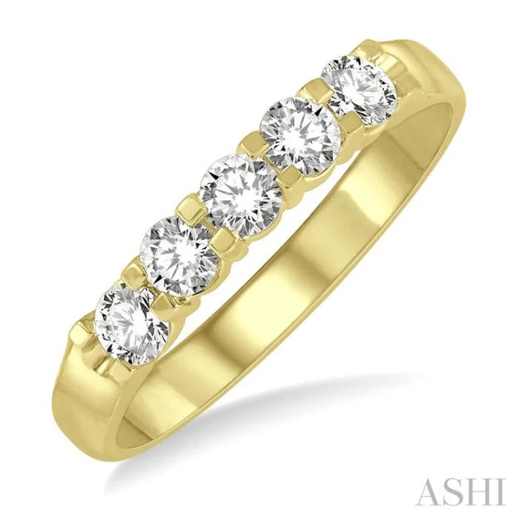 Sparkling Custom Wedding Rings For Bridesmaids-1/2 ctw 5 Stone Round Cut Diamond Wedding Band in 14K Yellow Gold