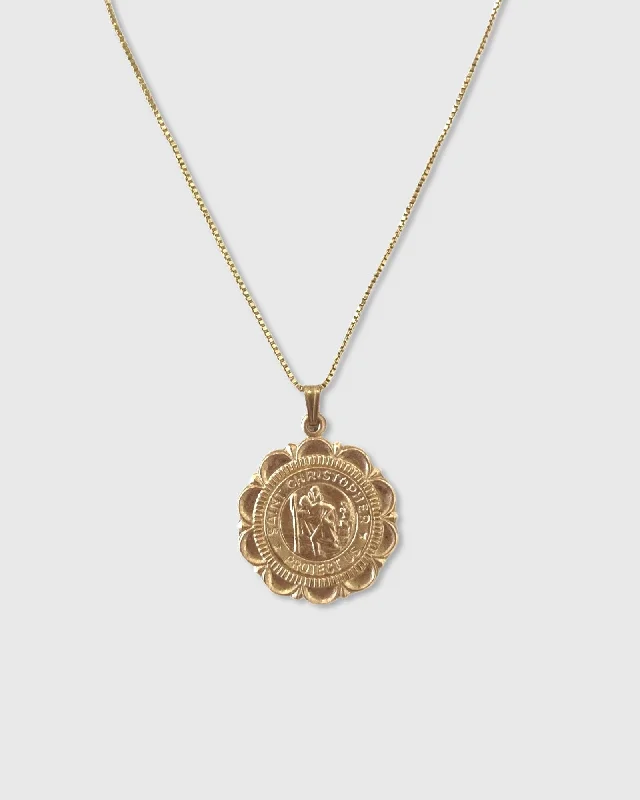 Trendy Layered Gold Necklace For Daily Wear-St Christopher LG Medallion Necklace