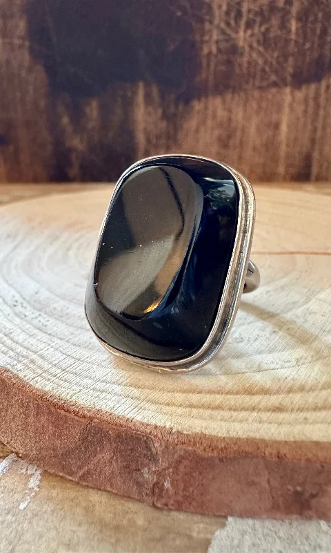 Classic Men’s Wedding Rings For Special Moments-SQUARE BLACK ONYX Chunky Silver Ring