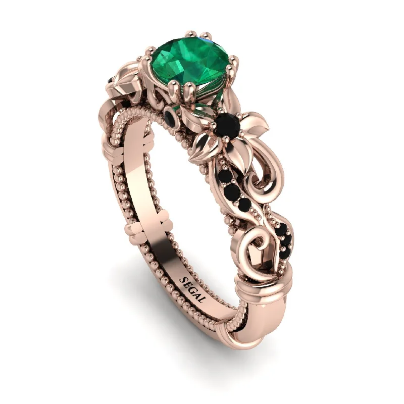 Luxury Engagement Rings For Custom Proposals-Vintage Flower Openwork Gold Emerald Engagement Ring - Ann No. 35