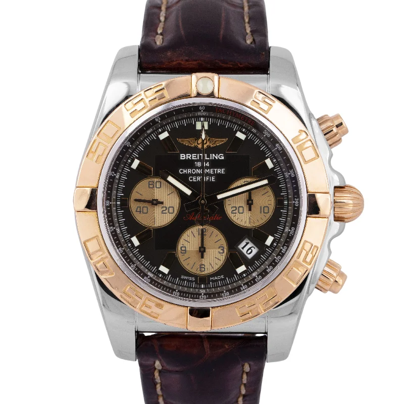 Watches With Unique Face Shapes For Fashion-PAPERS Breitling Chronomat 44mm Two-Tone Rose Gold Brown 44mm Watch CB0110 BOX