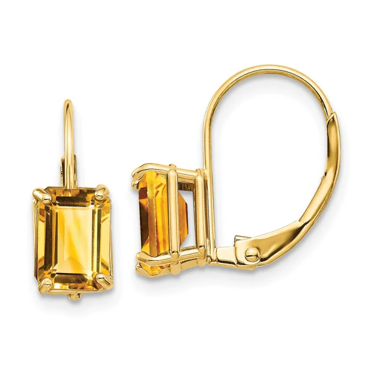 Minimalist Gold Earrings For Daily Wear-14k 7x5mm Emerald Cut Citrine Leverback Earrings