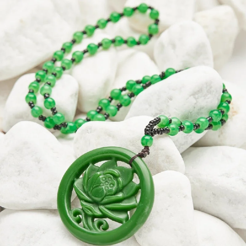 Elegant Long Necklace For Fashionistas-Green Jade Crystal Flower Pendant